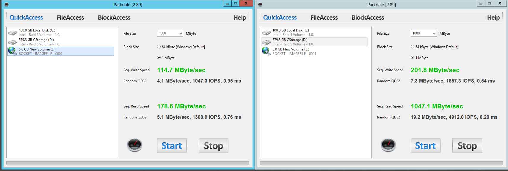 left - iSCSI, right - phys device
